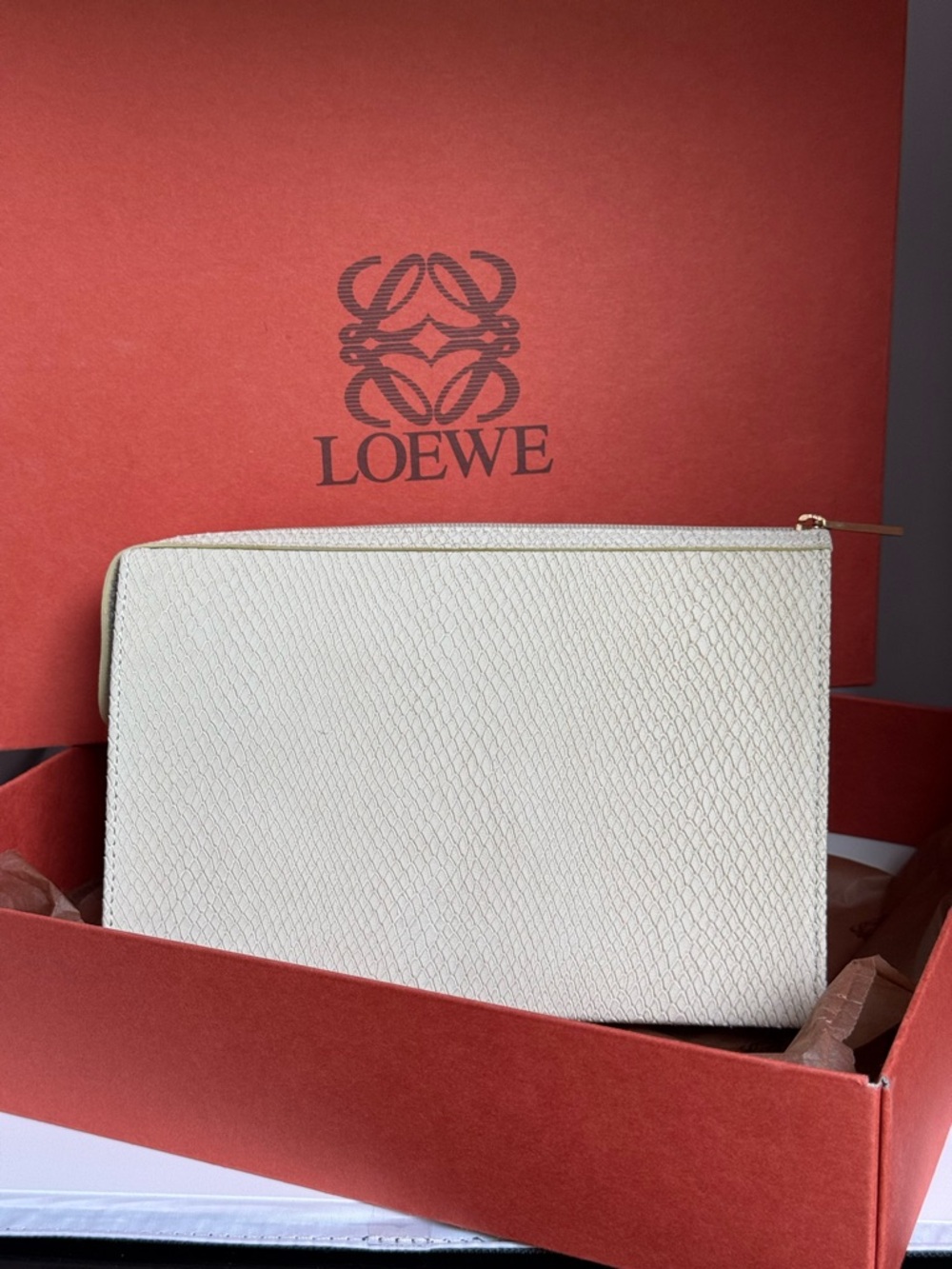 Loewe Cream Textured Zip Pouch with Gold Hardware MINT